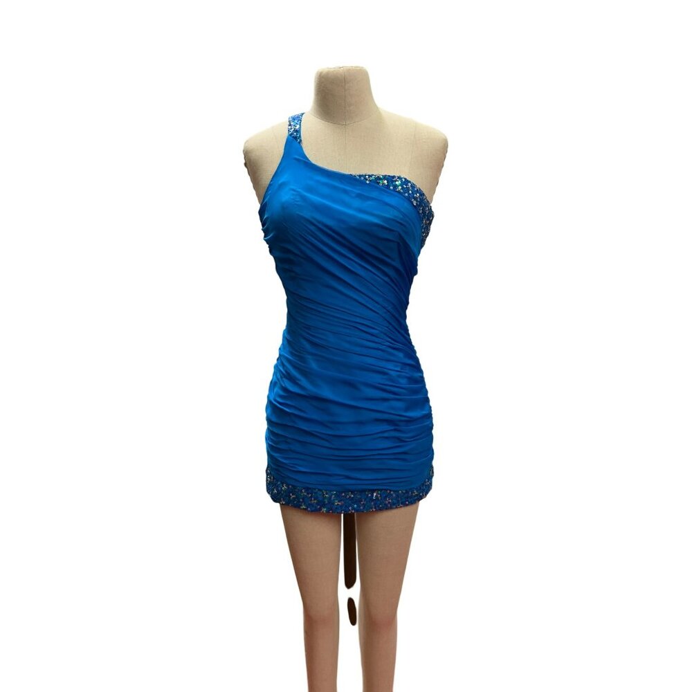 Colors Dress Blue One-Shoulder Ruched Dress With Beaded Trim Size S Super Mini D